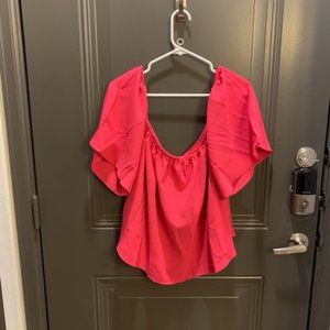 Bluetime Off Shoulder Chiffon Blouse Ruffle Short Sleeve top, pink, size small
